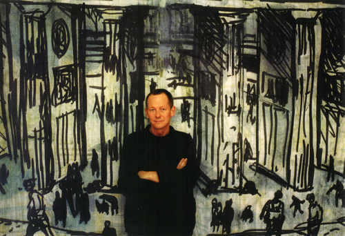 The artist Bob Gale in front of one of his Berlin Wall/Brandenburg Gate images
